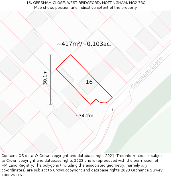 16, GRESHAM CLOSE, WEST BRIDGFORD, NOTTINGHAM, NG2 7RQ: Plot and title map