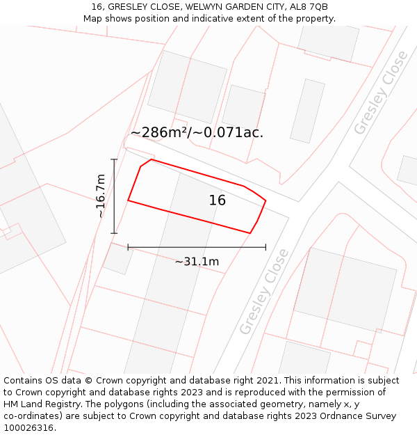 16, GRESLEY CLOSE, WELWYN GARDEN CITY, AL8 7QB: Plot and title map