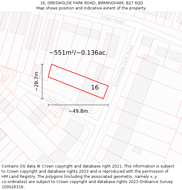 16, GRESWOLDE PARK ROAD, BIRMINGHAM, B27 6QD: Plot and title map