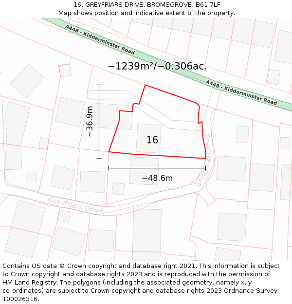 16, GREYFRIARS DRIVE, BROMSGROVE, B61 7LF: Plot and title map