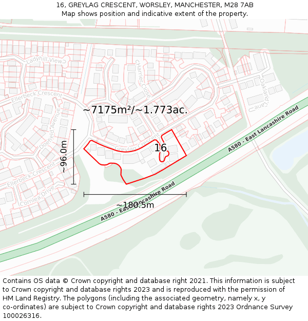 16, GREYLAG CRESCENT, WORSLEY, MANCHESTER, M28 7AB: Plot and title map