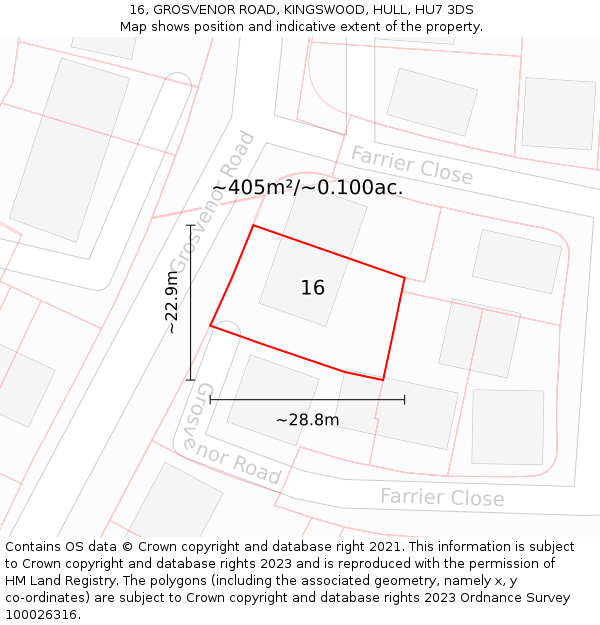 16, GROSVENOR ROAD, KINGSWOOD, HULL, HU7 3DS: Plot and title map