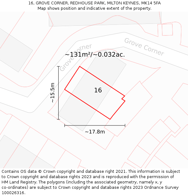 16, GROVE CORNER, REDHOUSE PARK, MILTON KEYNES, MK14 5FA: Plot and title map