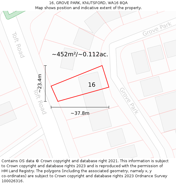 16, GROVE PARK, KNUTSFORD, WA16 8QA: Plot and title map