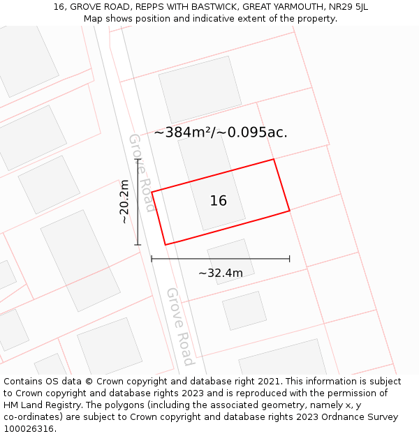 16, GROVE ROAD, REPPS WITH BASTWICK, GREAT YARMOUTH, NR29 5JL: Plot and title map