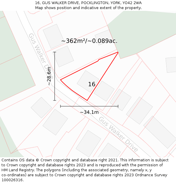 16, GUS WALKER DRIVE, POCKLINGTON, YORK, YO42 2WA: Plot and title map