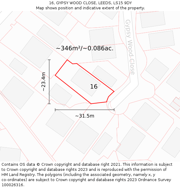 16, GYPSY WOOD CLOSE, LEEDS, LS15 9DY: Plot and title map