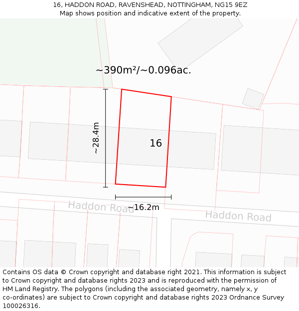 16, HADDON ROAD, RAVENSHEAD, NOTTINGHAM, NG15 9EZ: Plot and title map