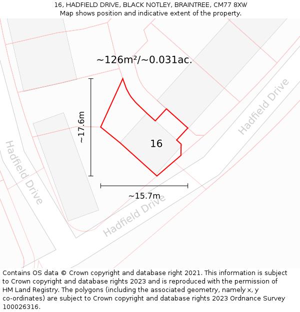 16, HADFIELD DRIVE, BLACK NOTLEY, BRAINTREE, CM77 8XW: Plot and title map