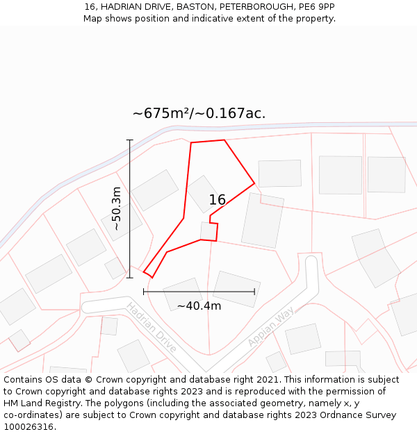 16, HADRIAN DRIVE, BASTON, PETERBOROUGH, PE6 9PP: Plot and title map