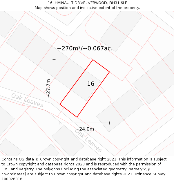 16, HAINAULT DRIVE, VERWOOD, BH31 6LE: Plot and title map