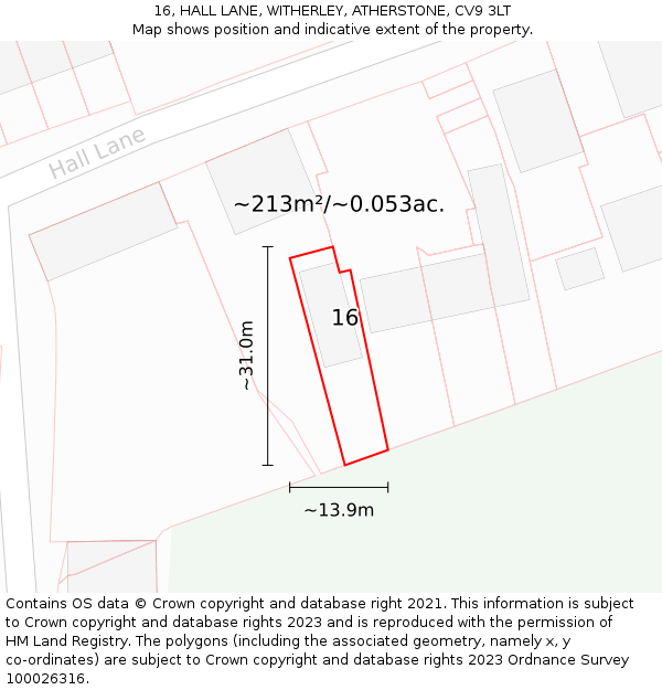 16, HALL LANE, WITHERLEY, ATHERSTONE, CV9 3LT: Plot and title map