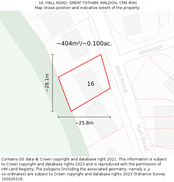 16, HALL ROAD, GREAT TOTHAM, MALDON, CM9 8NN: Plot and title map