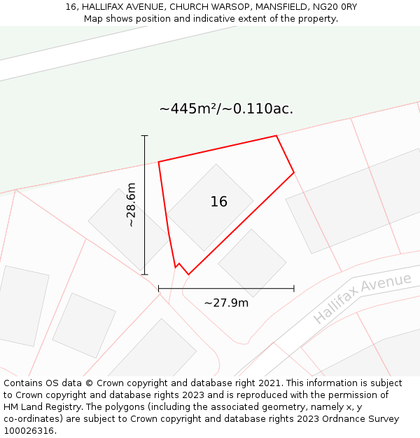 16, HALLIFAX AVENUE, CHURCH WARSOP, MANSFIELD, NG20 0RY: Plot and title map