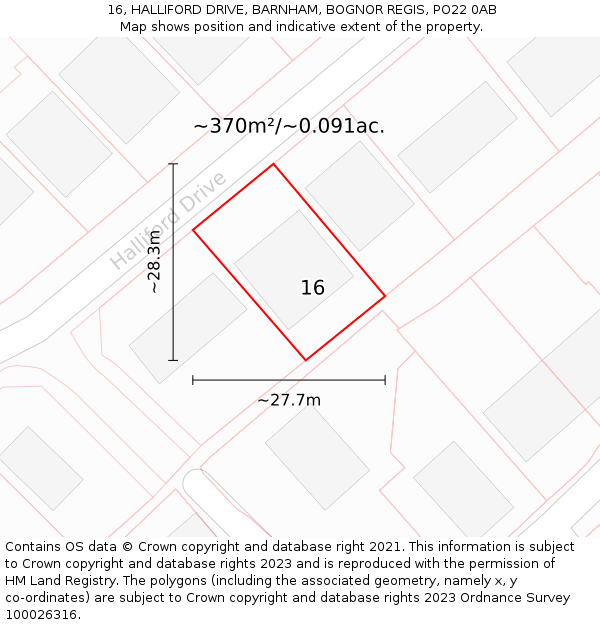 16, HALLIFORD DRIVE, BARNHAM, BOGNOR REGIS, PO22 0AB: Plot and title map