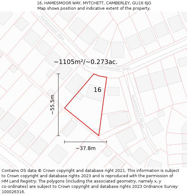 16, HAMESMOOR WAY, MYTCHETT, CAMBERLEY, GU16 6JG: Plot and title map