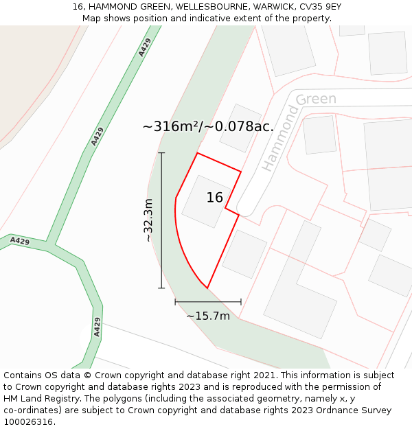 16, HAMMOND GREEN, WELLESBOURNE, WARWICK, CV35 9EY: Plot and title map