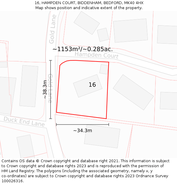 16, HAMPDEN COURT, BIDDENHAM, BEDFORD, MK40 4HX: Plot and title map