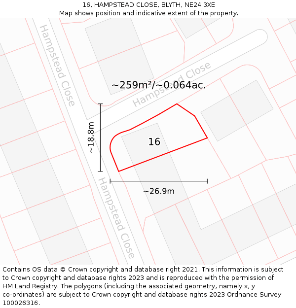 16, HAMPSTEAD CLOSE, BLYTH, NE24 3XE: Plot and title map