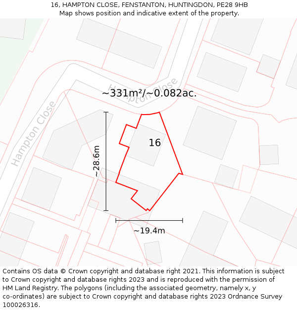 16, HAMPTON CLOSE, FENSTANTON, HUNTINGDON, PE28 9HB: Plot and title map