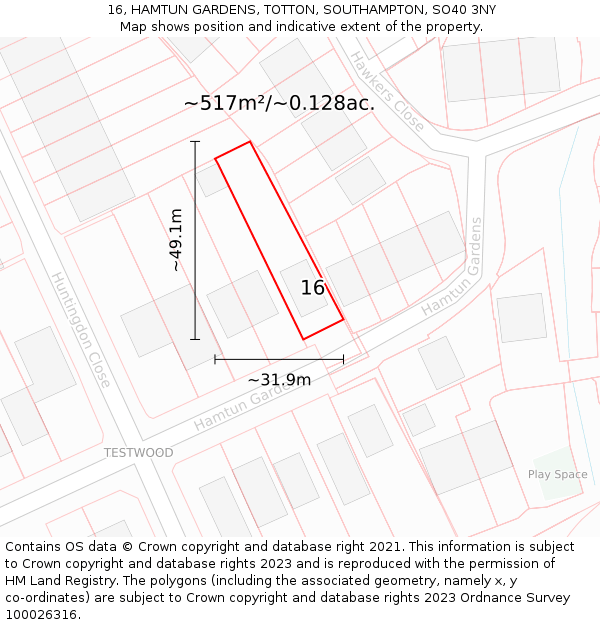 16, HAMTUN GARDENS, TOTTON, SOUTHAMPTON, SO40 3NY: Plot and title map