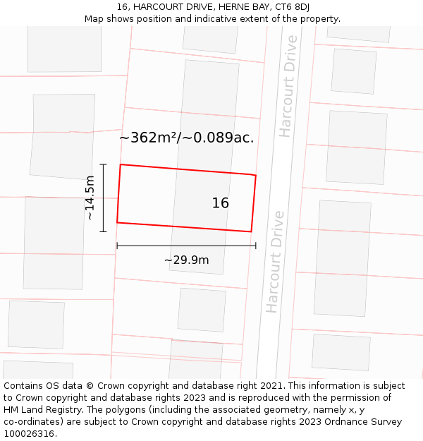 16, HARCOURT DRIVE, HERNE BAY, CT6 8DJ: Plot and title map