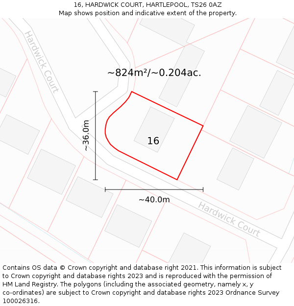 16, HARDWICK COURT, HARTLEPOOL, TS26 0AZ: Plot and title map