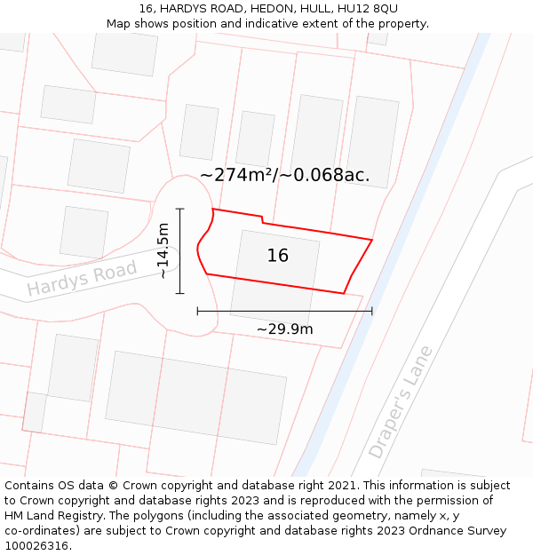 16, HARDYS ROAD, HEDON, HULL, HU12 8QU: Plot and title map