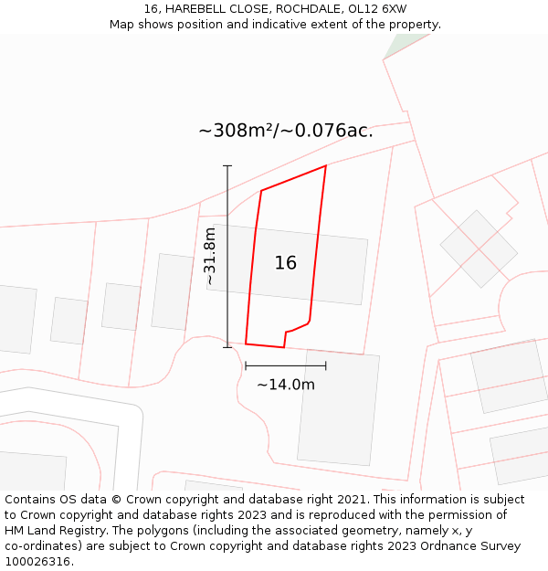 16, HAREBELL CLOSE, ROCHDALE, OL12 6XW: Plot and title map