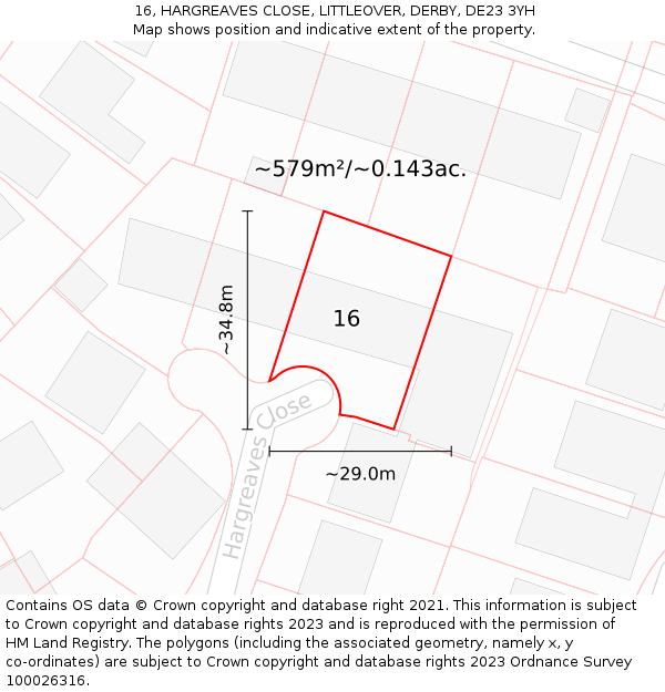 16, HARGREAVES CLOSE, LITTLEOVER, DERBY, DE23 3YH: Plot and title map