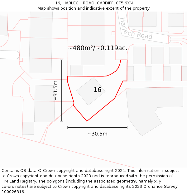 16, HARLECH ROAD, CARDIFF, CF5 6XN: Plot and title map