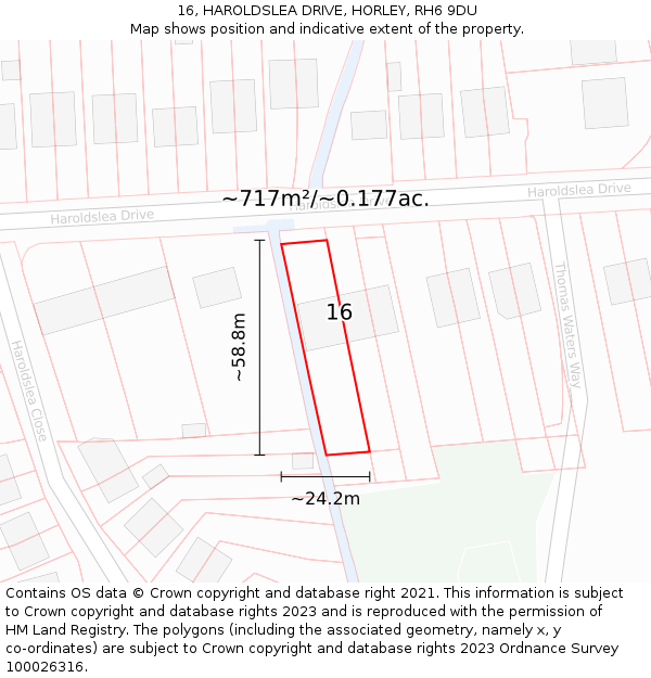 16, HAROLDSLEA DRIVE, HORLEY, RH6 9DU: Plot and title map