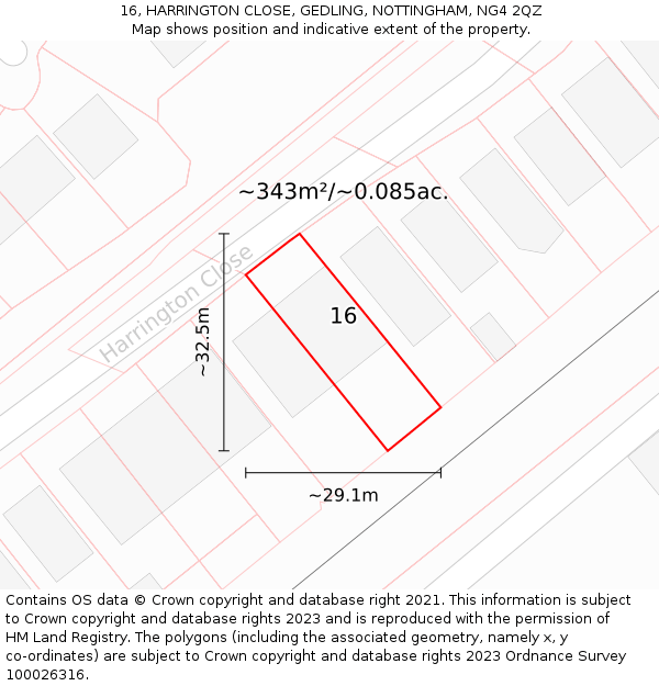 16, HARRINGTON CLOSE, GEDLING, NOTTINGHAM, NG4 2QZ: Plot and title map