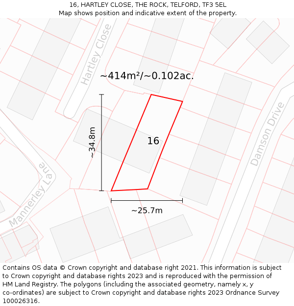 16, HARTLEY CLOSE, THE ROCK, TELFORD, TF3 5EL: Plot and title map