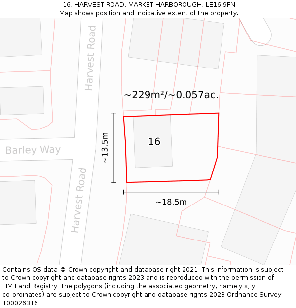 16, HARVEST ROAD, MARKET HARBOROUGH, LE16 9FN: Plot and title map
