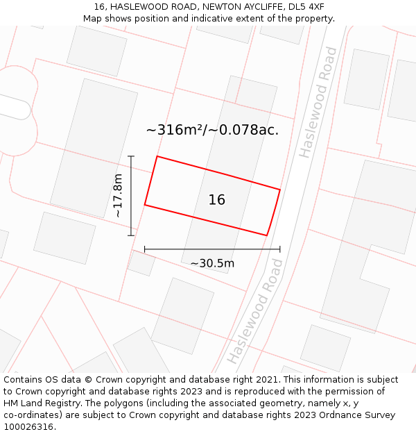 16, HASLEWOOD ROAD, NEWTON AYCLIFFE, DL5 4XF: Plot and title map