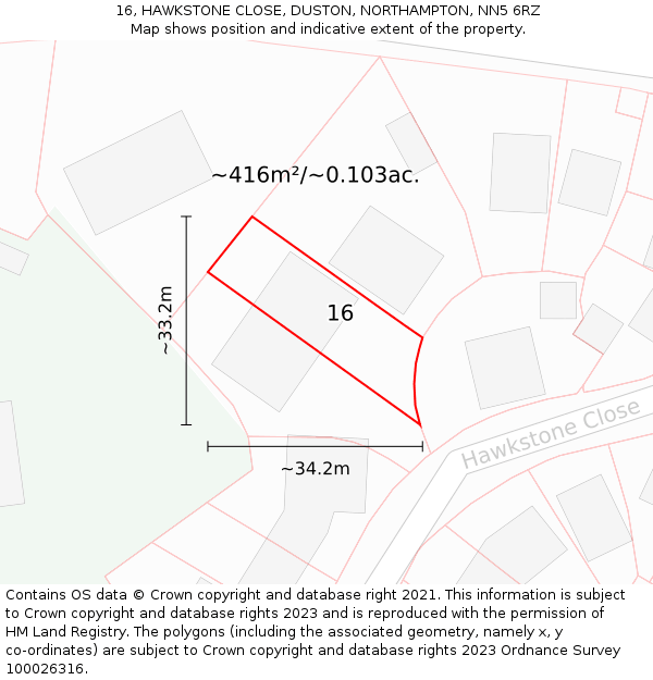 16, HAWKSTONE CLOSE, DUSTON, NORTHAMPTON, NN5 6RZ: Plot and title map