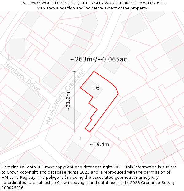 16, HAWKSWORTH CRESCENT, CHELMSLEY WOOD, BIRMINGHAM, B37 6UL: Plot and title map