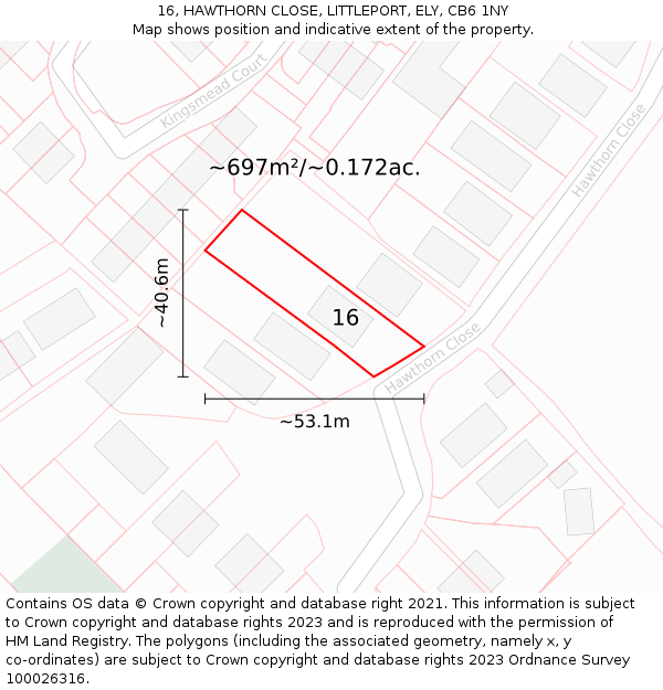 16, HAWTHORN CLOSE, LITTLEPORT, ELY, CB6 1NY: Plot and title map