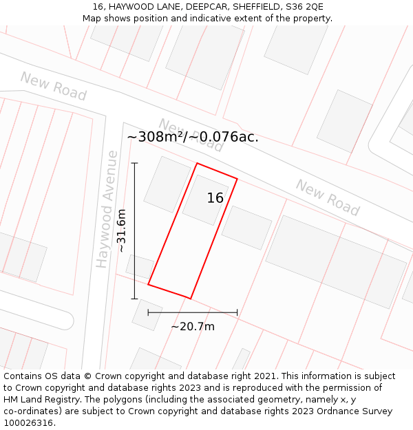 16, HAYWOOD LANE, DEEPCAR, SHEFFIELD, S36 2QE: Plot and title map