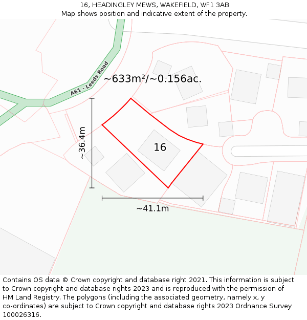 16, HEADINGLEY MEWS, WAKEFIELD, WF1 3AB: Plot and title map