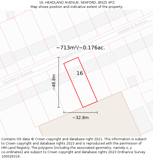 16, HEADLAND AVENUE, SEAFORD, BN25 4PZ: Plot and title map