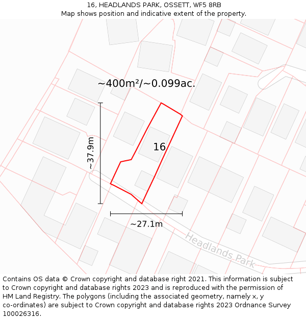 16, HEADLANDS PARK, OSSETT, WF5 8RB: Plot and title map