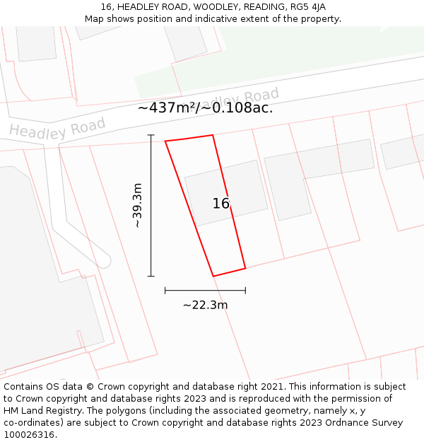 16, HEADLEY ROAD, WOODLEY, READING, RG5 4JA: Plot and title map