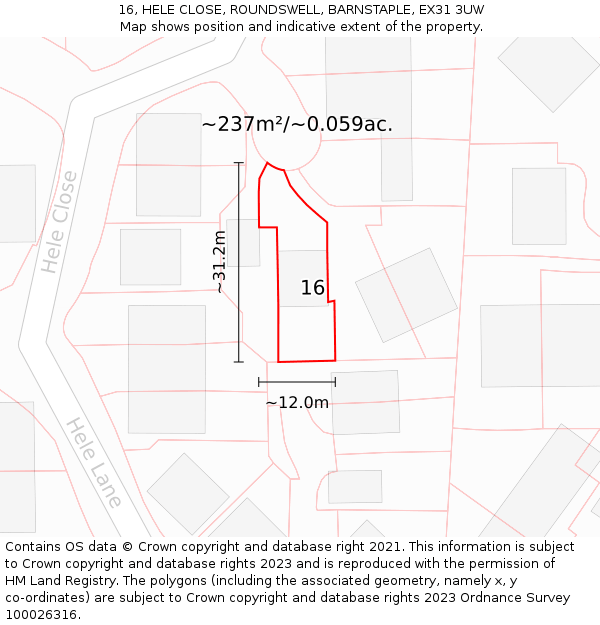 16, HELE CLOSE, ROUNDSWELL, BARNSTAPLE, EX31 3UW: Plot and title map