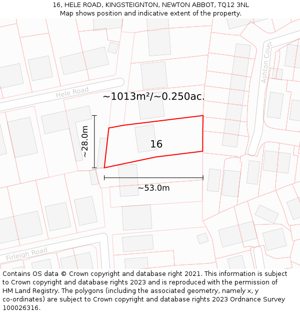 16, HELE ROAD, KINGSTEIGNTON, NEWTON ABBOT, TQ12 3NL: Plot and title map