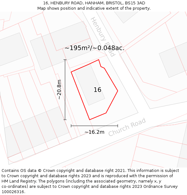 16, HENBURY ROAD, HANHAM, BRISTOL, BS15 3AD: Plot and title map