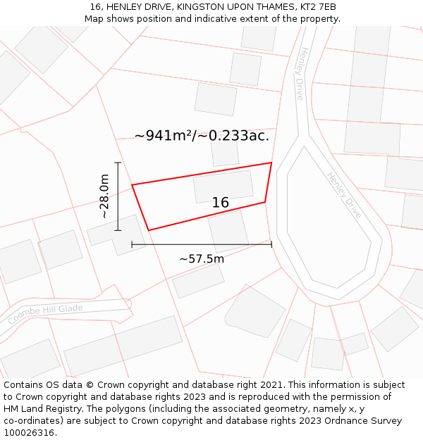 16, HENLEY DRIVE, KINGSTON UPON THAMES, KT2 7EB: Plot and title map