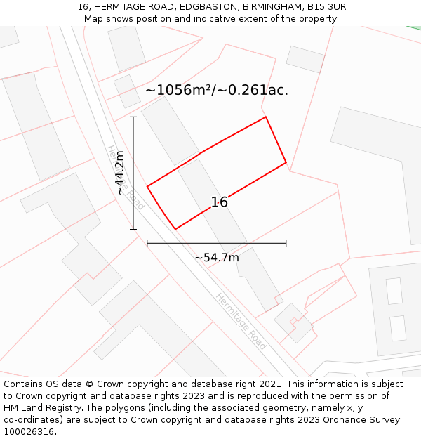 16, HERMITAGE ROAD, EDGBASTON, BIRMINGHAM, B15 3UR: Plot and title map