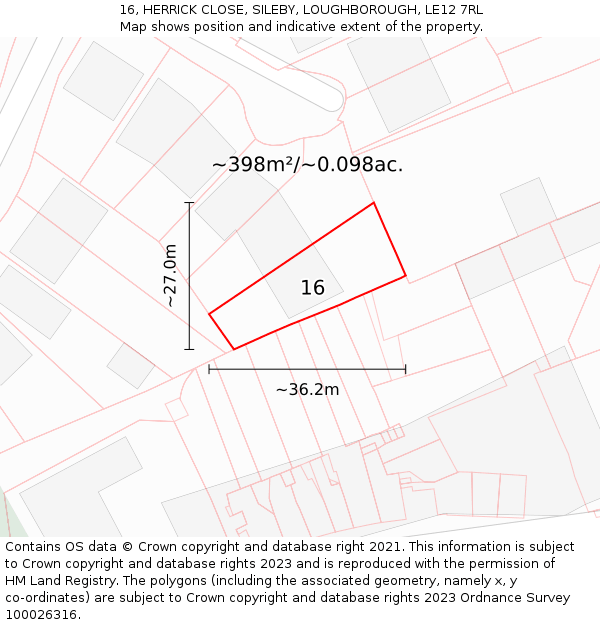 16, HERRICK CLOSE, SILEBY, LOUGHBOROUGH, LE12 7RL: Plot and title map